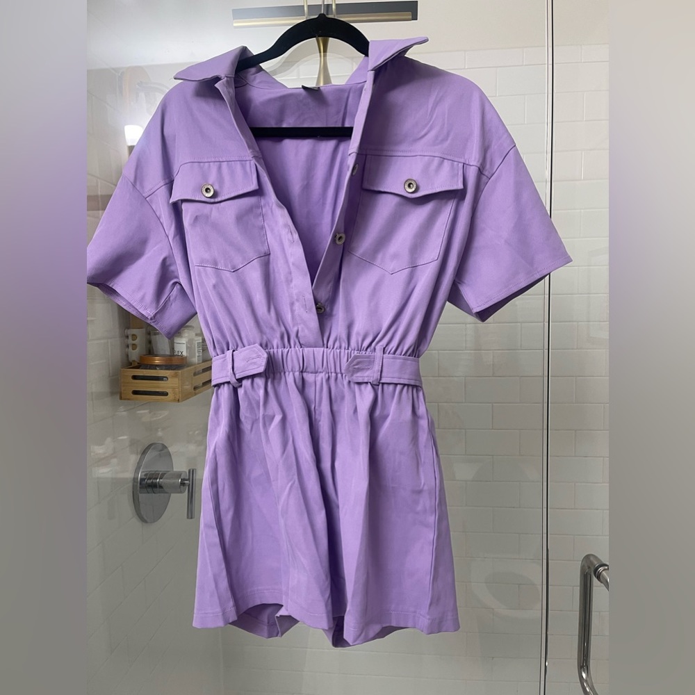 Purple shorts pocketed romper Shein